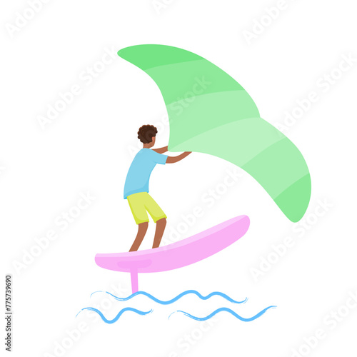 Man standing on a board, holds onto a wing and moves the board across the water. Wing foiling sport. Vector isolated color illustration.
