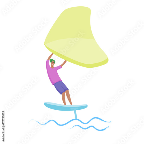 Man standing on a board, holds onto a wing and moves the board across the water. Wing foiling sport. Vector isolated color illustration.