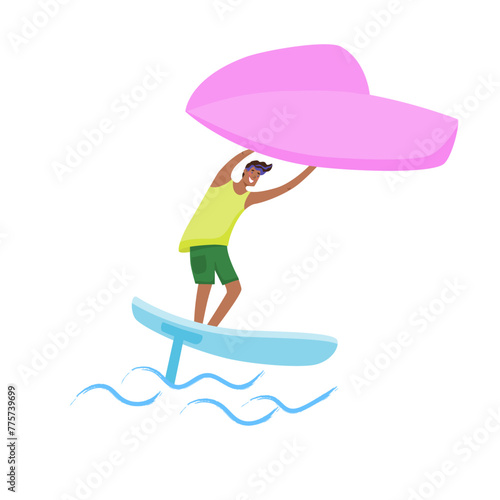 Man standing on a board, holds onto a wing and moves the board across the water. Wing foiling sport. Vector isolated color illustration.
