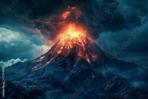 Volcanic Mountain Erupting in Fiery Fury in earthquake