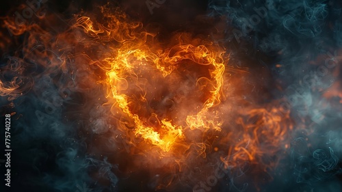 Fiery heart shape in dark smoky atmosphere symbolizing passion