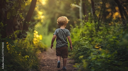 medium shot portrait photography showcases a child boy strolling through a spontaneous setting, the image taken from behind to emphasize the journey ahead.