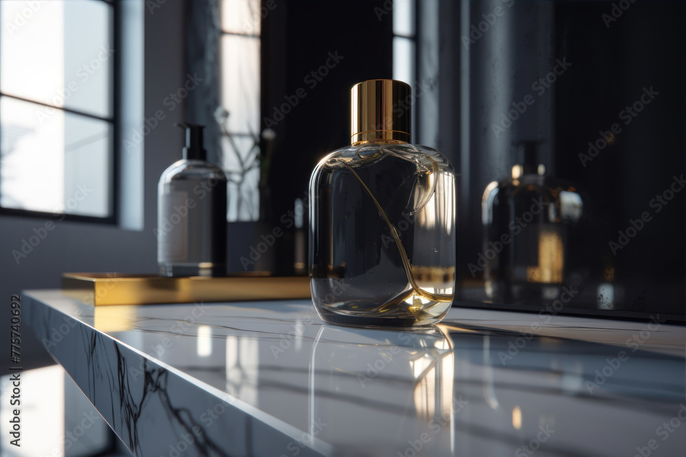 Luxurious perfume bottle with golden accents on marble counter, reflecting elegance for high-end branding Luxurious perfume bottle with golden accents on marble counter, reflecting elegance for high-end branding