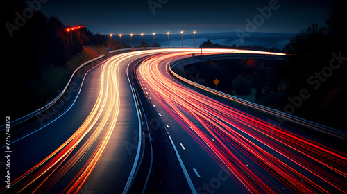 Illuminated path on curved road at night, night traffic route, motion blur