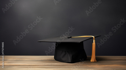 mortarboard Graduation cap university college hat on a wooden table copy space background banner for text.