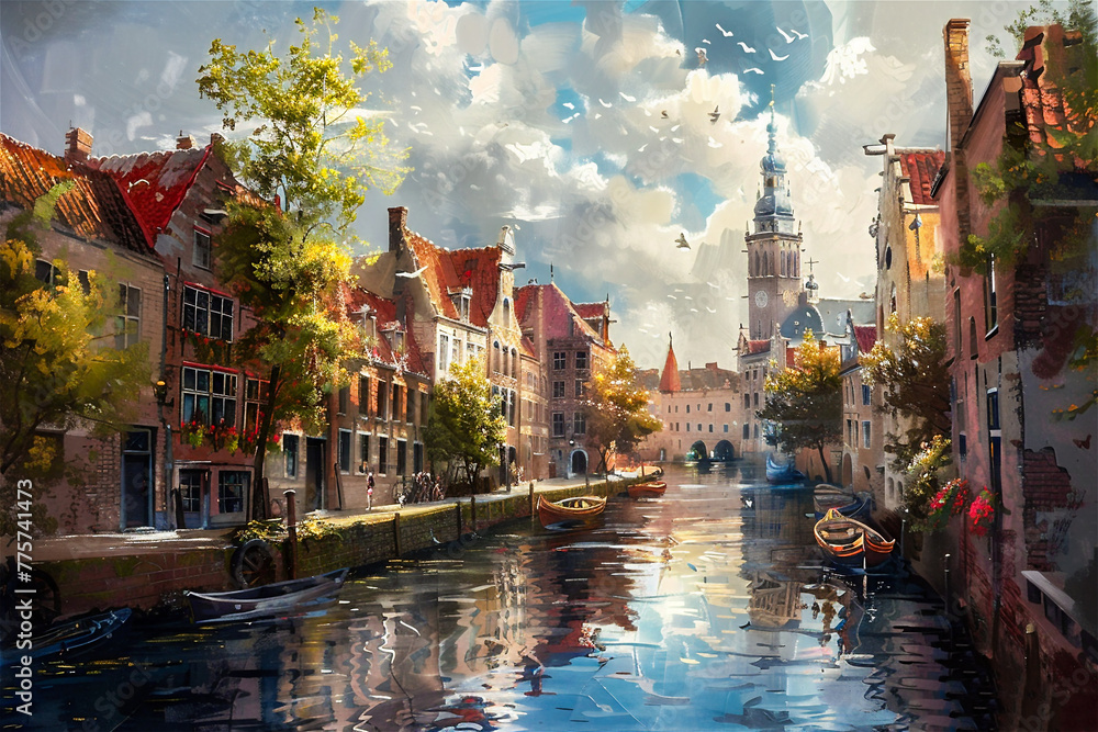 Painting of a medieval village canal.  Generated image.  A digital rendering of a painting of a medieval village canal in Europe.