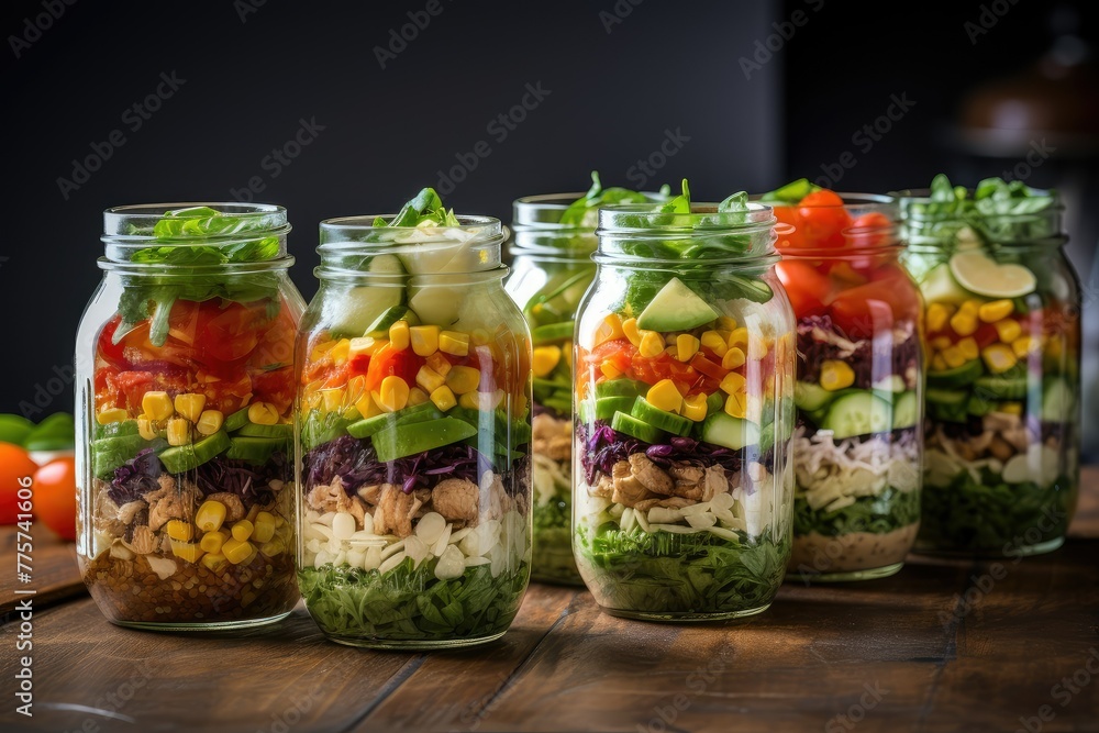 A lineup of mason jars filled with various types of fresh vegetables, showcasing a colorful and healthy food storage option. Generative AI A lineup of mason jars filled with various types of fresh vegetables, showcasing a colorful and healthy food storage option. Generative AI