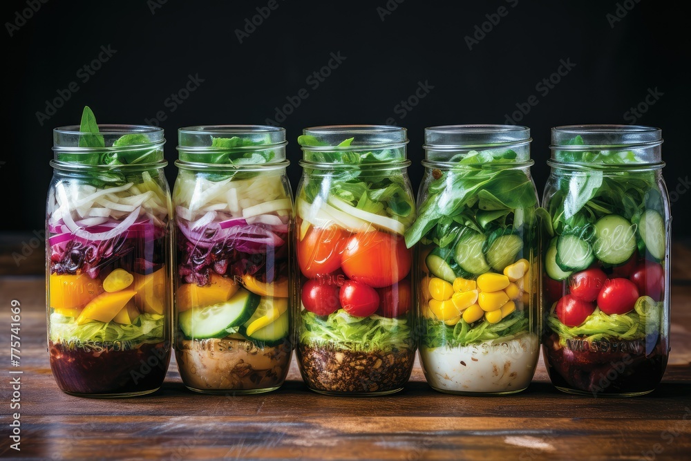 A row of mason jars filled with assorted vegetables like carrots, cucumbers, bell peppers, and tomatoes. Generative AI A row of mason jars filled with assorted vegetables like carrots, cucumbers, bell peppers, and tomatoes. Generative AI