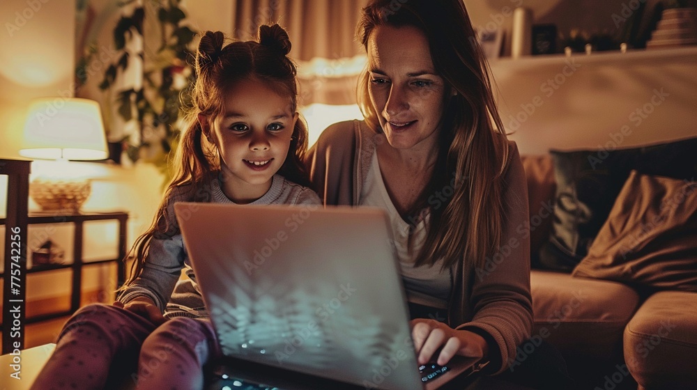 Family Online Education Concept | Mother and Daughter Using Laptop for Homework Family Online Education Concept | Mother and Daughter Using Laptop for Homework