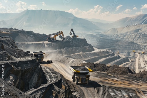 Massive Open-Pit Mine With Towering Haul Trucks and Excavators, Showcasing The Scale and Magnitude of Modern Mining Operations, Generative AI photo