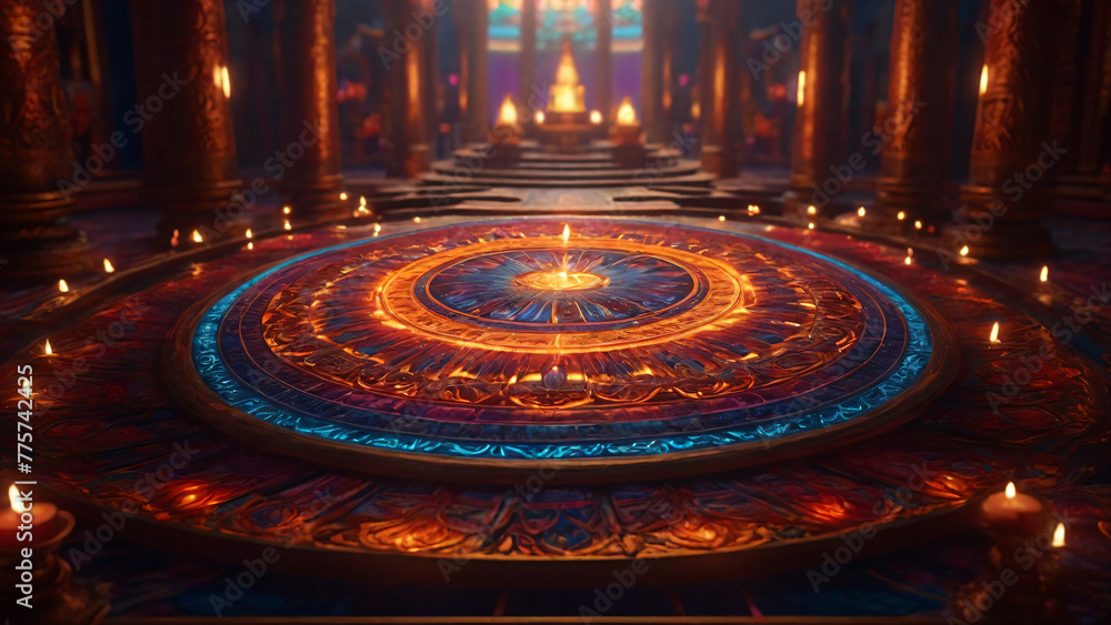 Mandala patterns and Temple and glow. AI generativ.