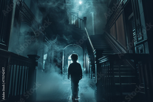 A kid walking through a haunted mansion, imagining themselves as a ghost hunter or paranormal investigator,