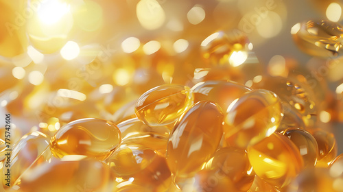 Sunlight illuminates a scatter of golden fish oil capsules, a visual metaphor for health and vitality. 