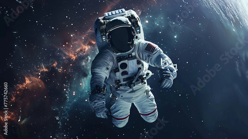 An artistic representation of an astronaut floating amidst the cosmos in their spacesuit 