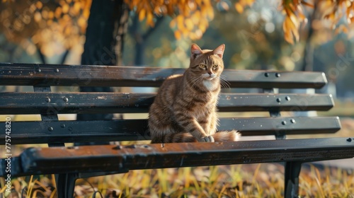 a cat perched upon a bench, basking in the sunlight with an air of serene contentment.