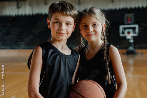 Happy School Children. Team Friends Play Basketball Game Together. Children Play Sports Game at Indoor Court. Little Boy and Girl Smiling to the Camera and Holding Basketball Ball