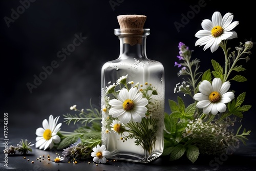 tincture of herbs and flowers in a bottle on a black background