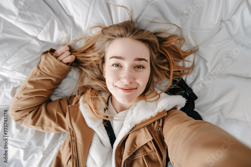 Top-down portrait of a beautiful woman lying on her bed with an expression of happiness, joy and good vibes. Happiness and well-being concept. photo