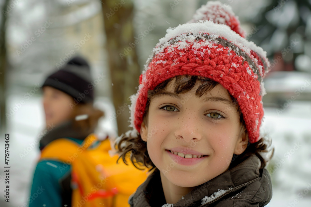 Child in a red knit hat enjoying a snowy winter day, Caucasian boy, 10 years old, seasonal and family themes Child in a red knit hat enjoying a snowy winter day, Caucasian boy, 10 years old, seasonal and family themes