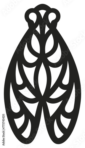 Illustration d'une silhouette de cigale de Provence, ornement décoratif pour projet de découpe laser, création de vitrail, élément graphique pour communication, vecteur isolé d'insecte