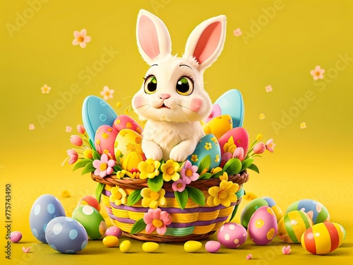 Enchanting Easter A Cute Bunny Surrounded by Colorful Eggs and Floral Delight