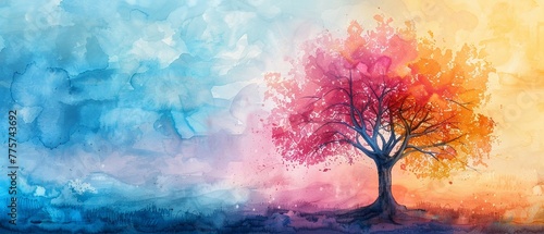 Tranquil whimsical tree in watercolor, pastel bright hues, serene and dreamy, gently vibrant