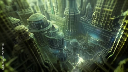 From a distance the image appears almost like a cityscape with tall towers and winding pathways. Upon closer inspection however the . AI generation.