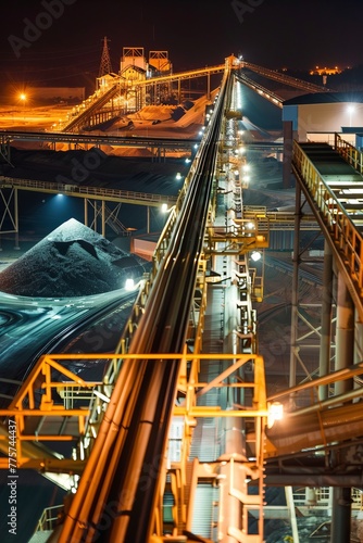Mineral Processing Plant at Night, With Conveyor Belts And Processing Equipment Illuminated by Industrial Lighting, Generative AI