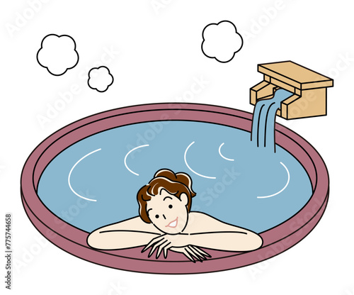 源泉掛け流し温泉の露天風呂で気持ちよさそうに入浴をしている裸の可愛い女性 シンプル イラスト ベクター