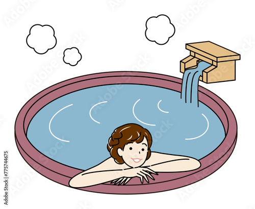 源泉掛け流し温泉の露天風呂で気持ちよさそうに入浴をしている裸の可愛い女性 シンプル イラスト ベクター