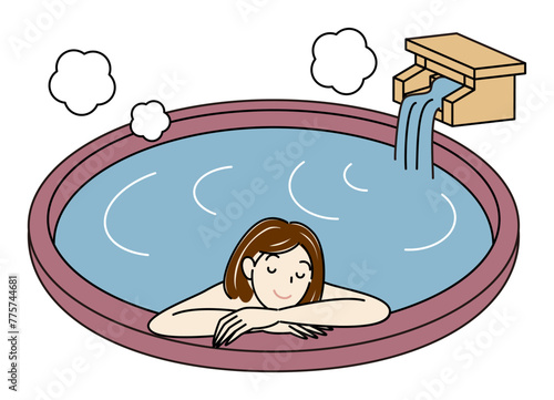 源泉掛け流し温泉の露天風呂で気持ちよさそうに入浴をしている裸の可愛い女性 シンプル イラスト ベクター