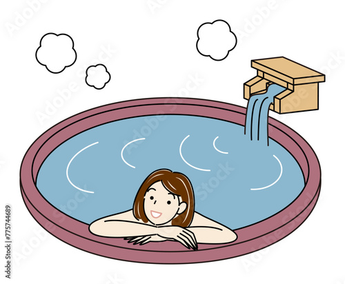 源泉掛け流し温泉の露天風呂で気持ちよさそうに入浴をしている裸の可愛い女性 シンプル イラスト ベクター