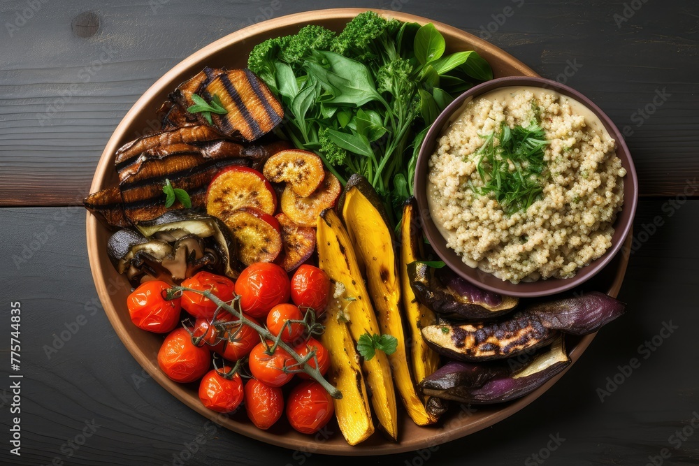 A plate filled with a variety of vegetables, rice, and carrots. Generative AI A plate filled with a variety of vegetables, rice, and carrots. Generative AI