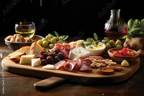 A rustic wooden cutting board is covered with a variety of different types of food, showcasing a diverse and delicious Italian feast. Generative AI