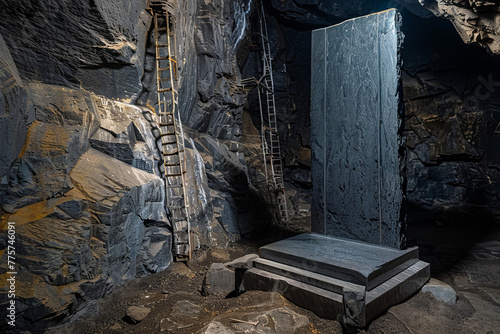 Miner's Memorial Monument Honoring Those Who Lost Their Lives in Mining Accidents, With Names Engraved on a Stone Monument Against a Backdrop of Mine Shafts, Generative AI