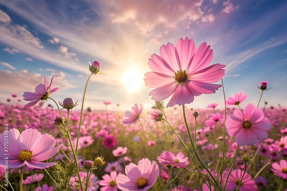 Cosmos flowers in a field with the sun shining.
