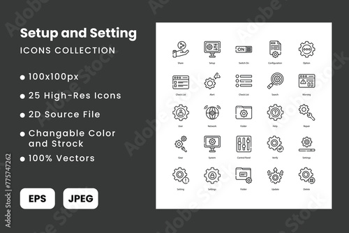 setup and setting, system setting, setting, icons collection, continue such as, Gear, Preferences, Configuration, Tools, Customize, Options, Settings, Control Panel,  vector illustration.