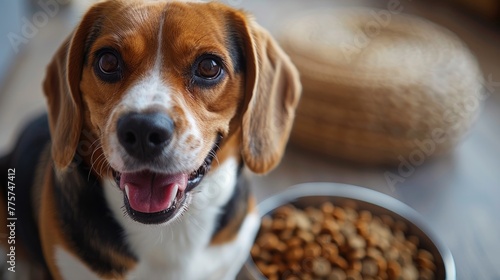 a Beagle dog sitting on the floor beside a bowl of food, photographed from a top view with high-resolution detail and realism against a pristine white background.