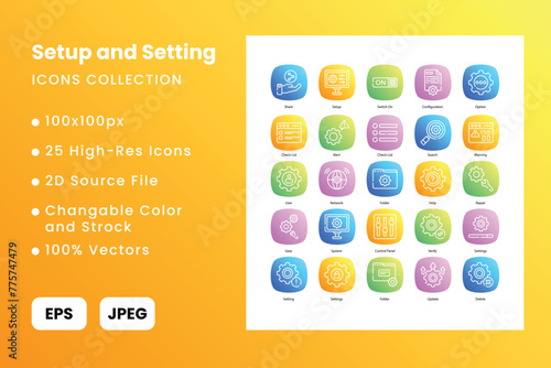 setup and setting, system setting, setting, icons collection, continue such as, Gear, Preferences, Configuration, Tools, Customize, Options, Settings, Control Panel, vector illustration.