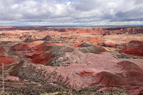 looking out at the colorful badlands of the painted desert national park, near holbrook,   on a winter  morning in northeastern arizona