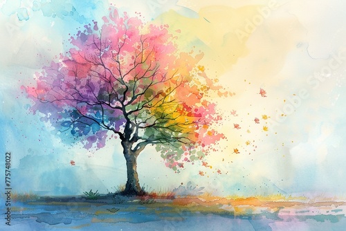 Whimsical tree painted in serene pastel bright watercolors, tranquil and softly radiant © Thanadol