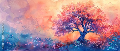 Serene and whimsical tree in pastel bright watercolor  gently vibrant and dreamlike