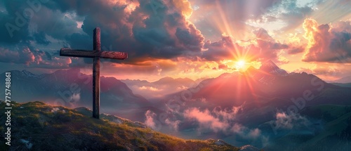 Cross of Jesus. Easter, resurrection concept. Christian wooden cross on a background with dramatic lighting, colorful mountain sunset, dark clouds and sky, sunbeams photo
