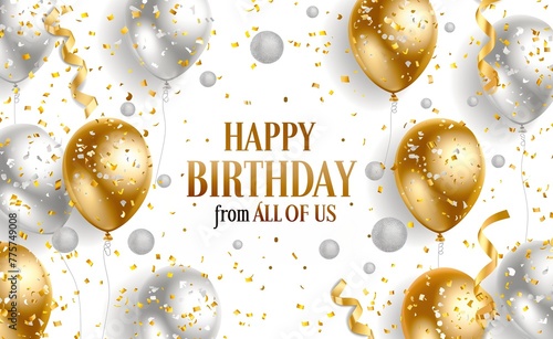 Happy birthday background with golden and silver balloons, confetti and ribbons on white background vector Illustration of 