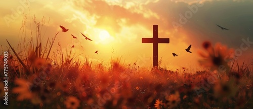 Religious concept for Easter: Silhouette cross and birds flying on autumnal meadow