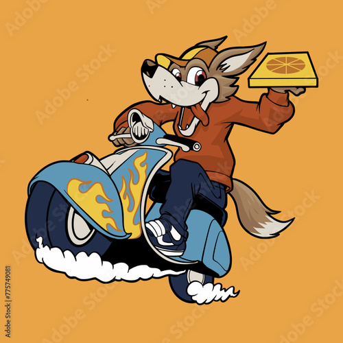 Wolf Delivery Pizza Cartoon Vector Illustration