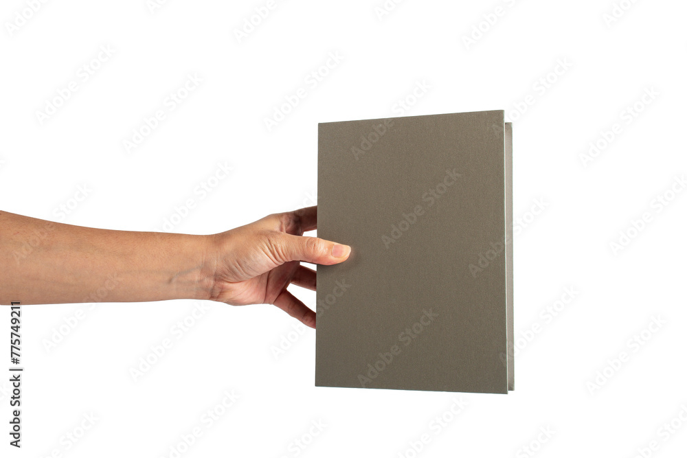 Blank grey book cover in hand on transparent background. Blank grey book cover in hand on transparent background.