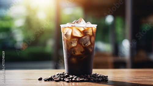 A tall glass of creamy iced coffee, swirled to perfection, stands amidst scattered coffee beans on a warm wooden table, illuminated by ambient café lighting.