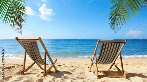 Two chairs placed on sandy beach by the shore under the blue sky