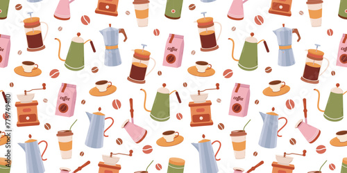 Set of coffee elements collection. Coffee supplies icons. Maker, French press, pot, coffee machine, grinder, grains. Vector seamless pattern